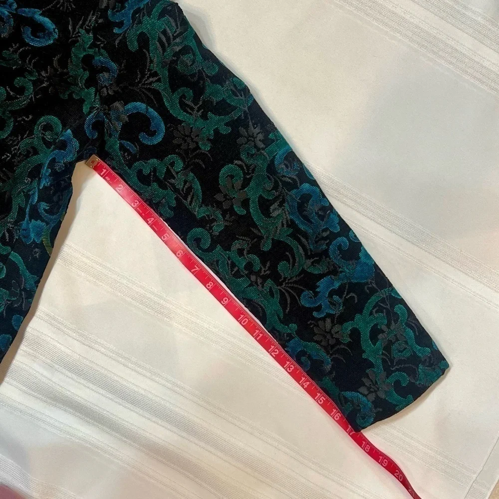 Harvé Benard Black Teal‎ Velvet Damask Open Front Jacket Blazer Sz 12